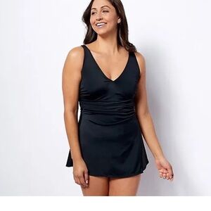 Denim & Co Beach V-Neck Wrap Front Swim Dress-Black-Reg 14-NEW-A468465
